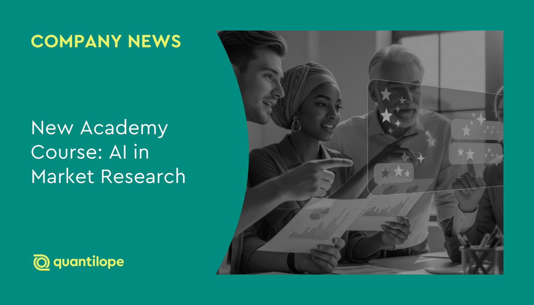 green blog background with quantilope academy logo and black and white AI image