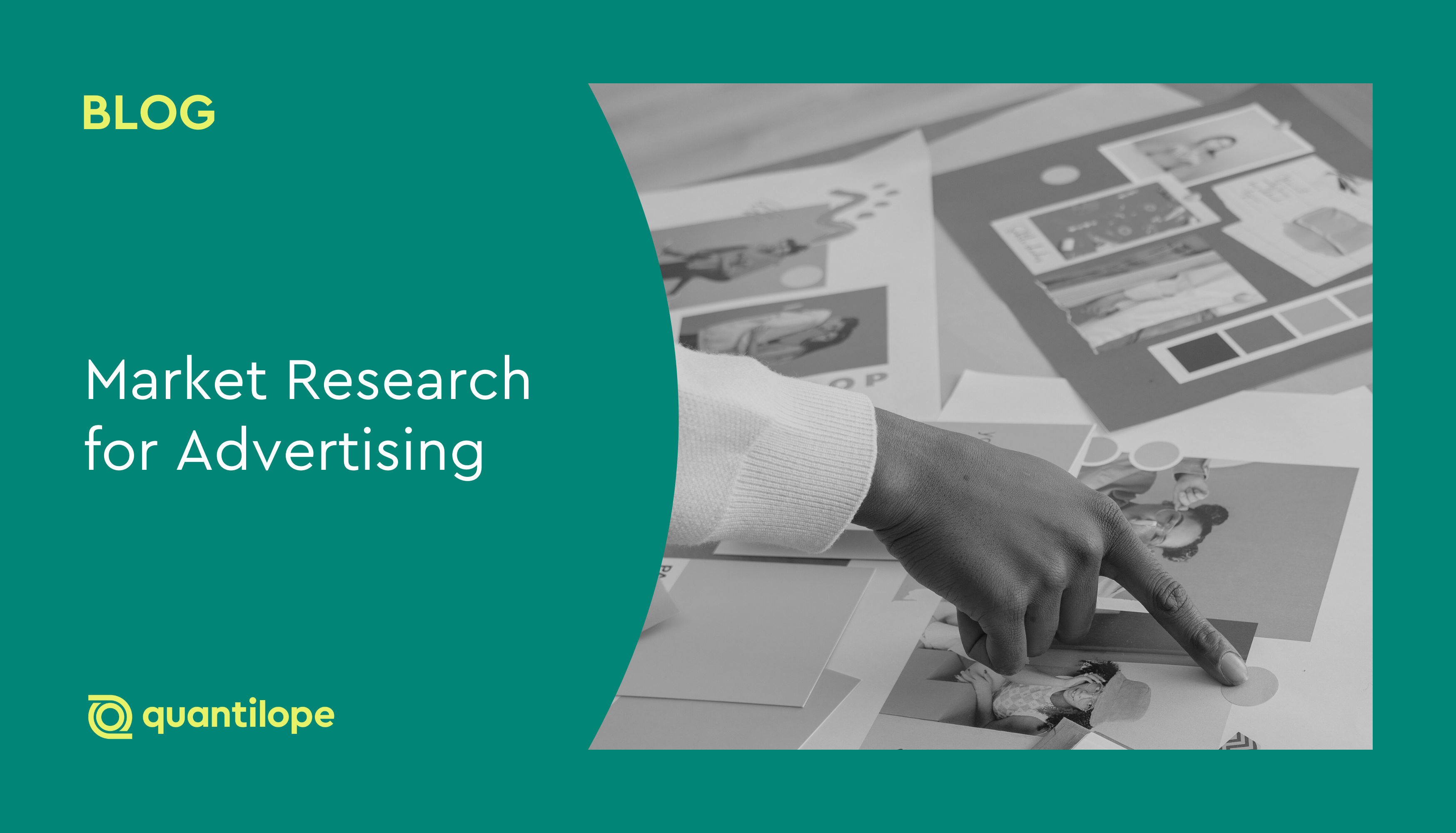 green blog background with black and white image of person pointing to creative materials