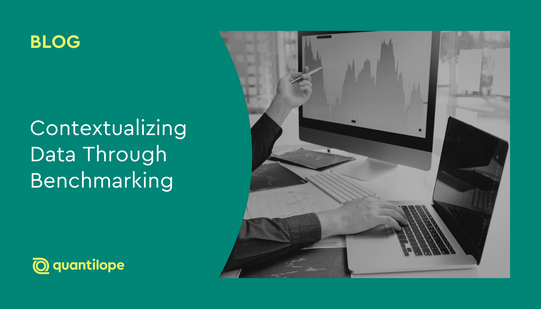 green blog background with black and white image of someone pointing to a computer chart