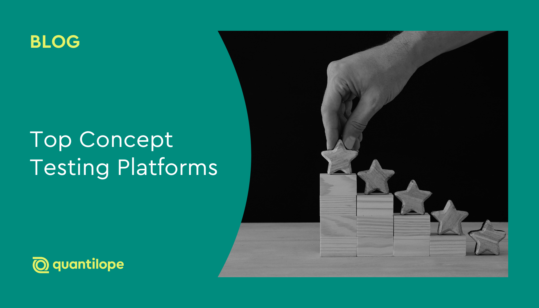 green background blog cover with black and white image of person stacking a star on a tiered wooden display