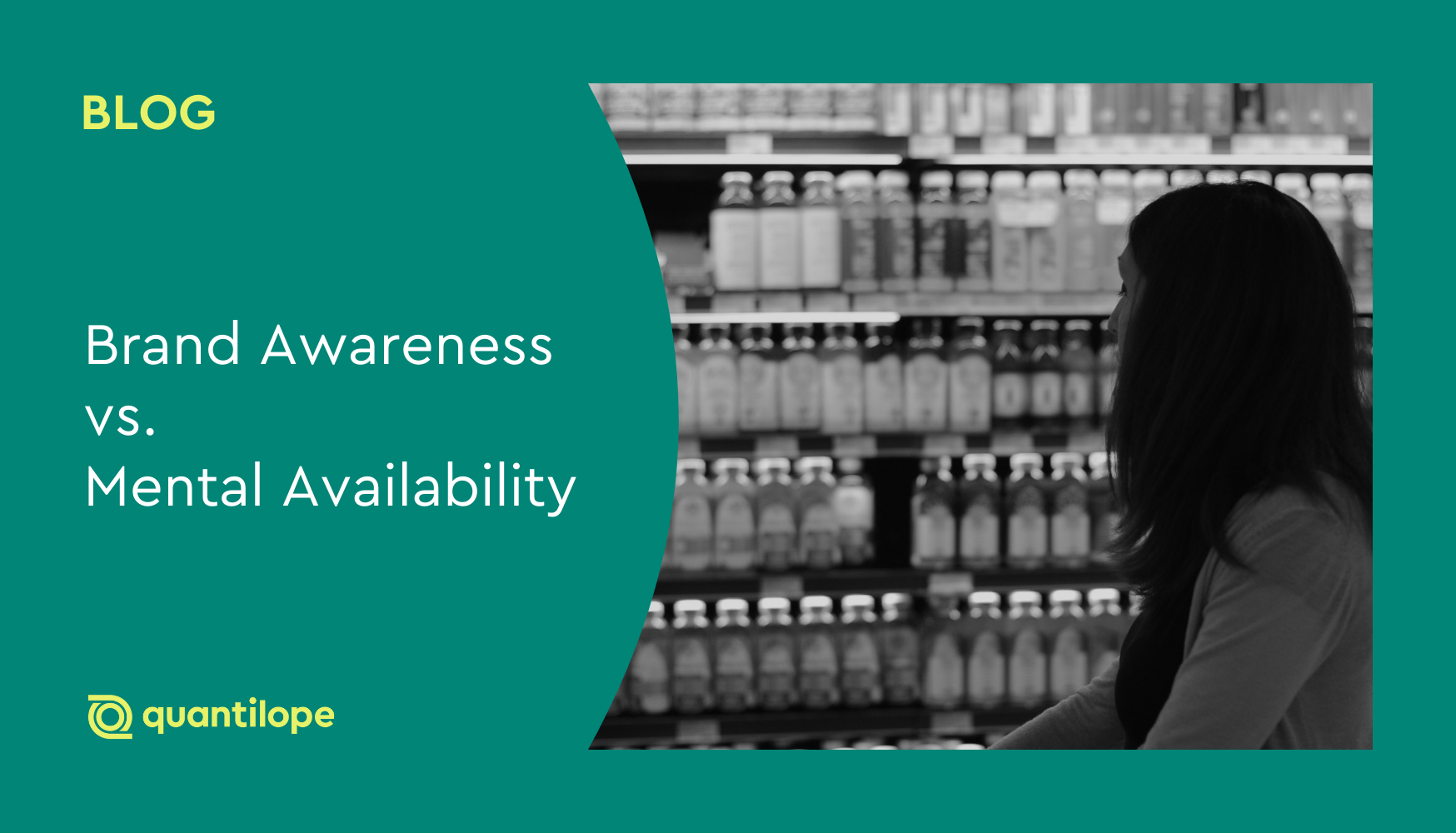 green blog background with black and white image of a woman in a store looking at shelf of drinks