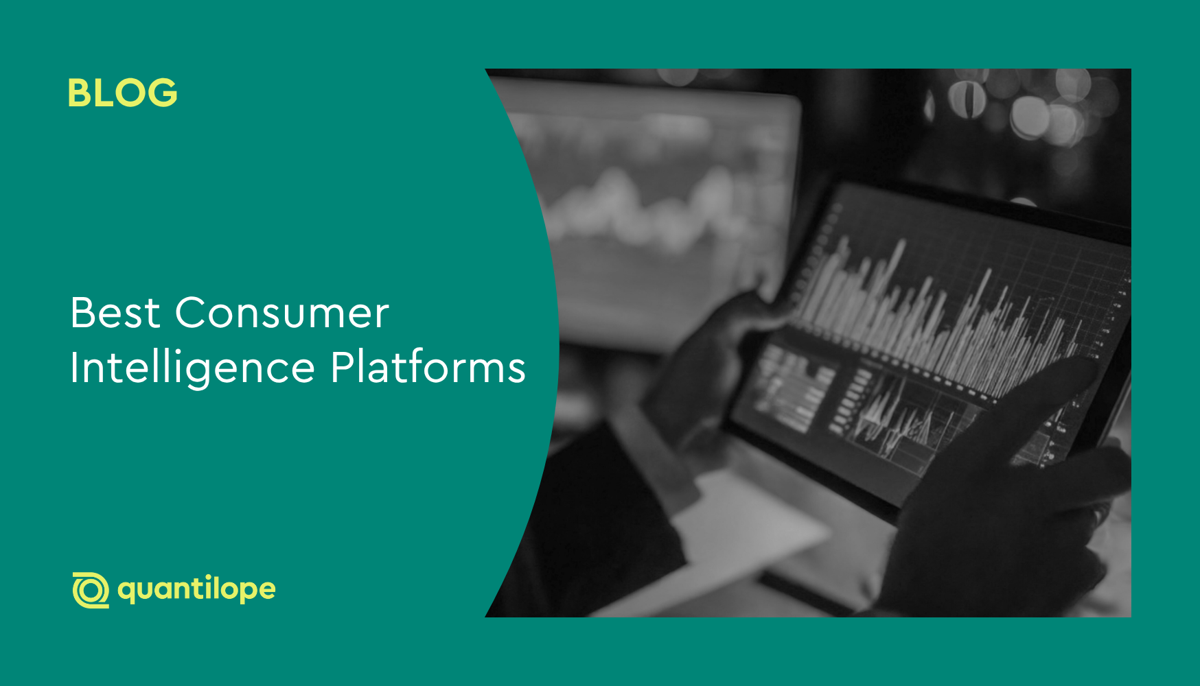 green blog background with person holding a tablet screen showing data charts