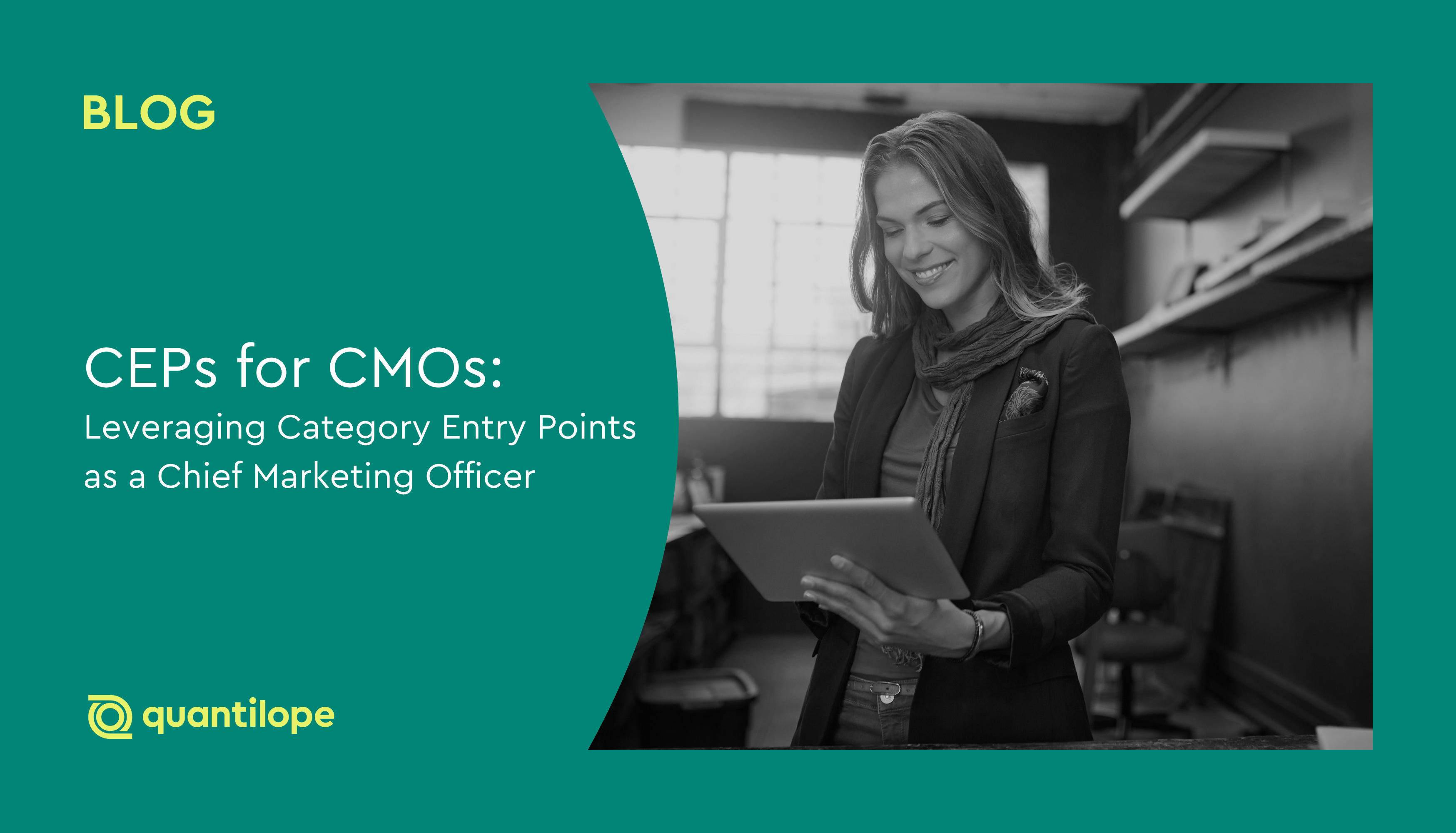 green blog background with black and white image of woman smiling at tablet screen