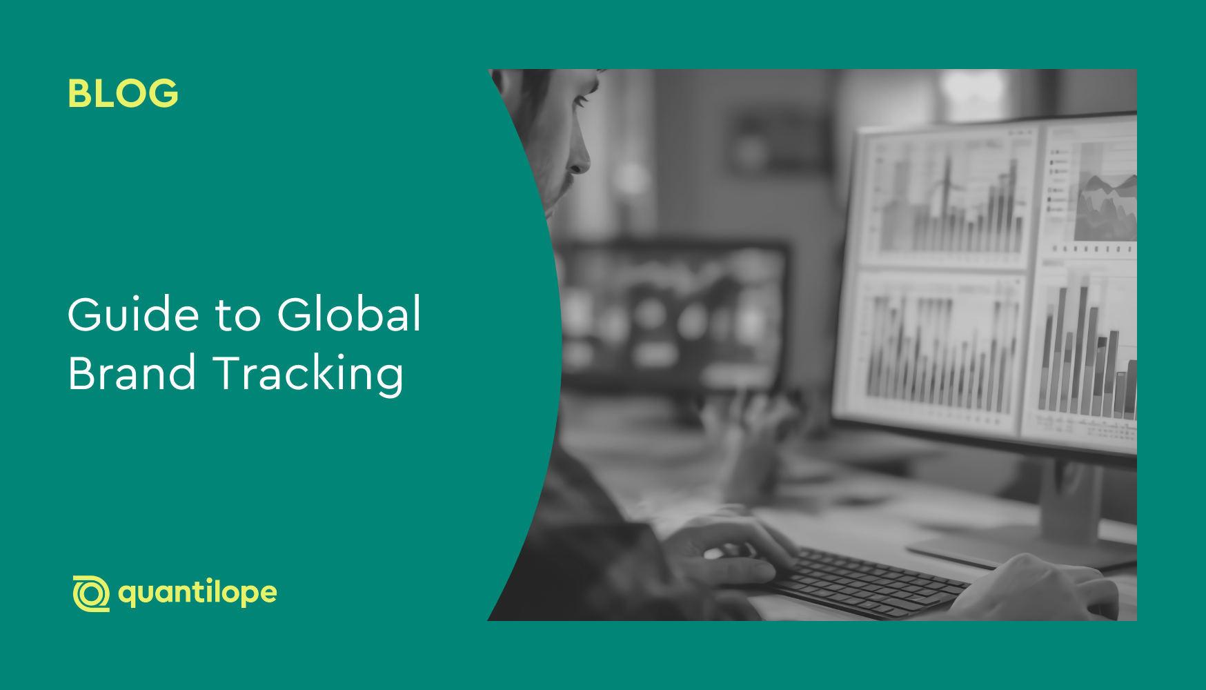 green blog background with black and white image of person looking at charts on computer