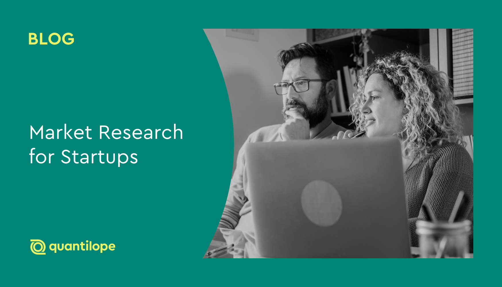 green blog background with black and white image of two people looking at a computer