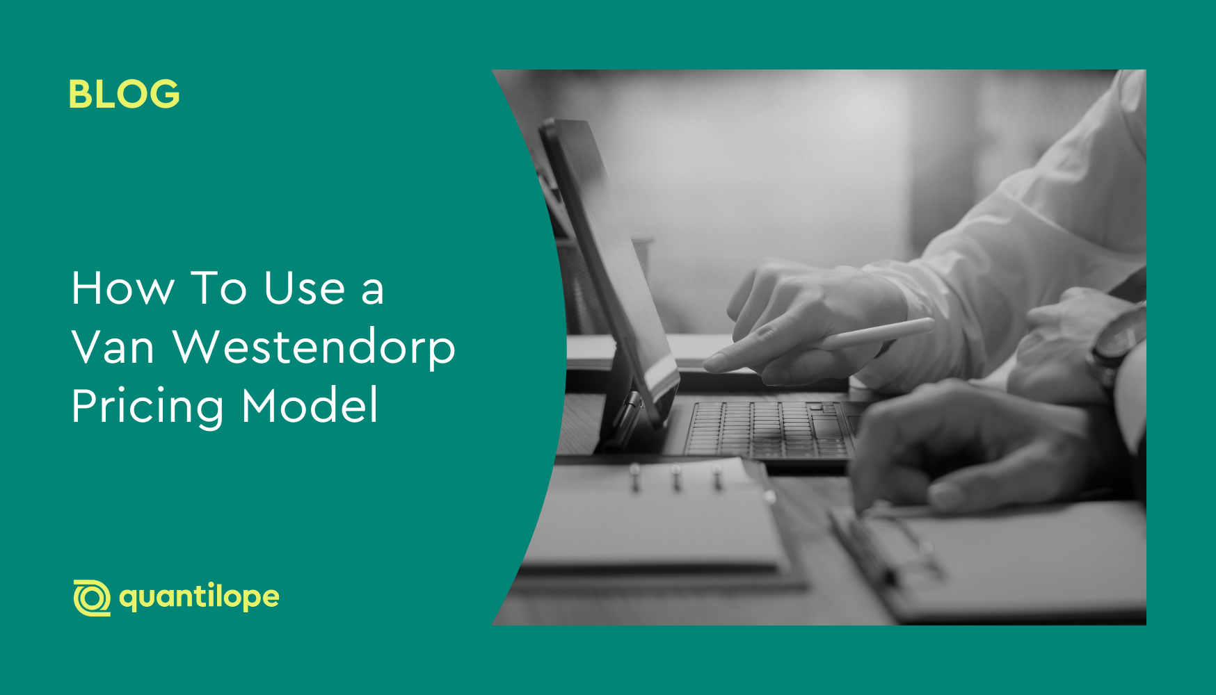 green blog background with black and white image of person pointing at computer 